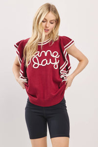 Maroon & white ruffle sleeve varsity game day knit top