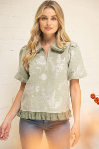 Sage Ruffled Collar Half Zip Floral Velvet Jacquard Top