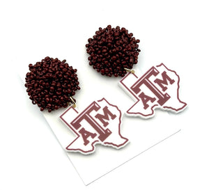 Texas A&M Aggies earrings with maroon beads