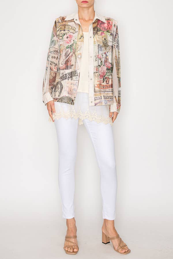 Rose western faux suede mesh trimmed detailed top