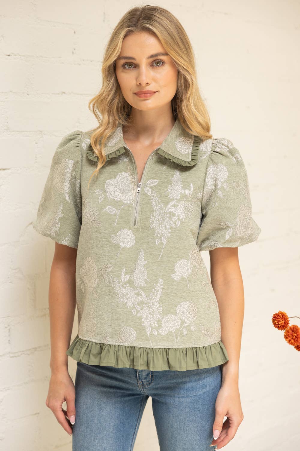 Sage Ruffled Collar Half Zip Floral Velvet Jacquard Top