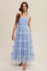 Slate blue tiered tulle maxi dress