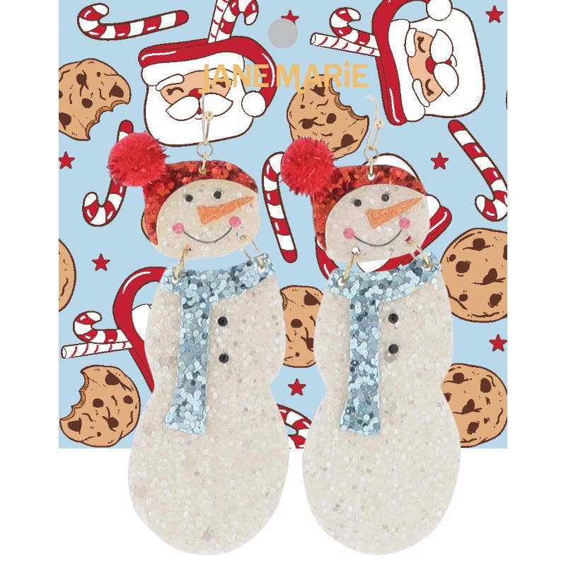 Red, White, Blue Glitter Snowman with Red Pom Earring