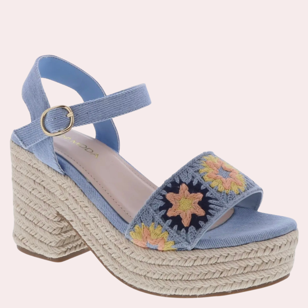 Blue denim espadrille platform crochet strap sandals