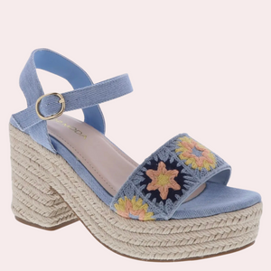 Blue denim espadrille platform crochet strap sandals