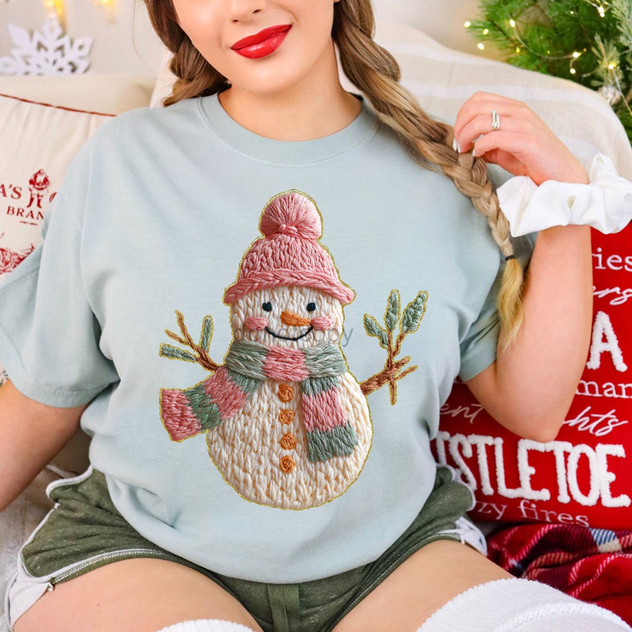 Sage French Knot Snowman Tee