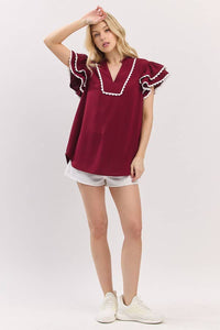 Maroon Game day ruffle sleeve scallop trim top