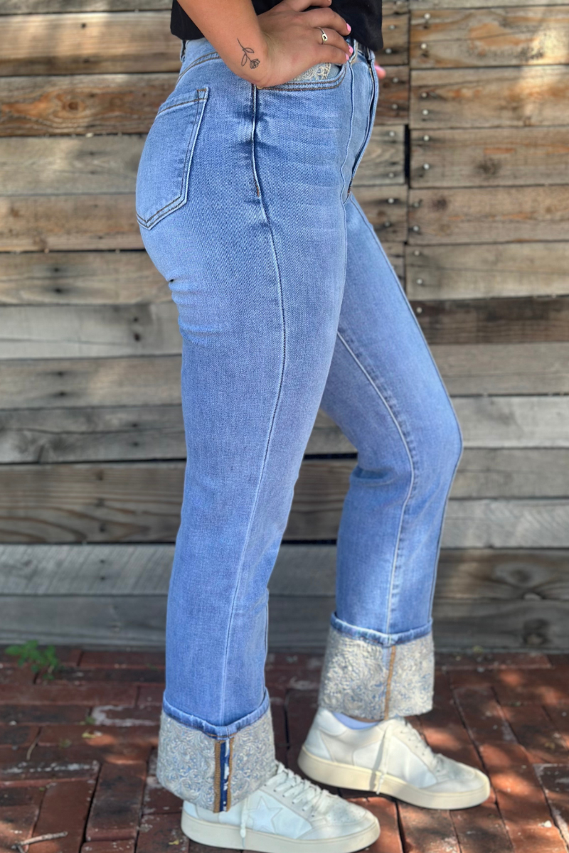 Embroidered Cuffed Jeans