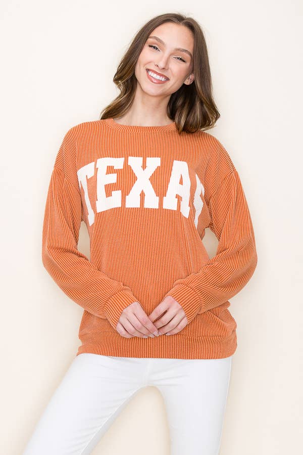 Burnt orange ribbed Texas graphic top