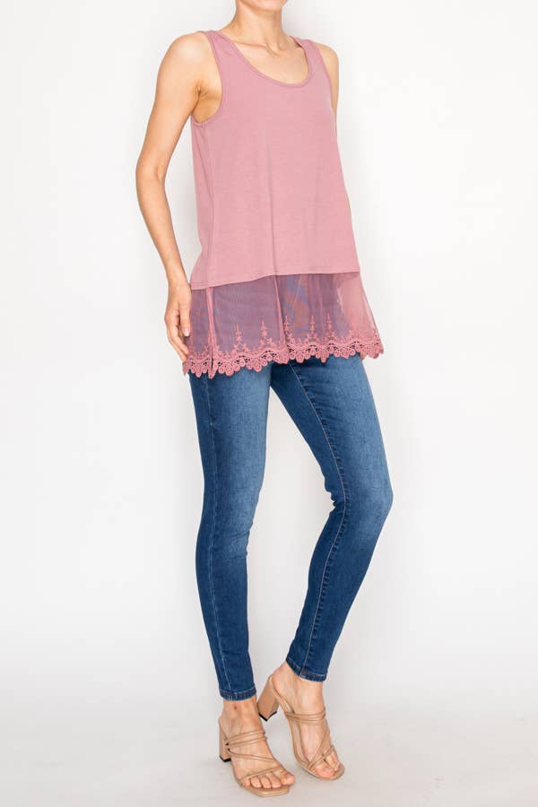 Dusty rose relaxed tank with delicate floral laced hem