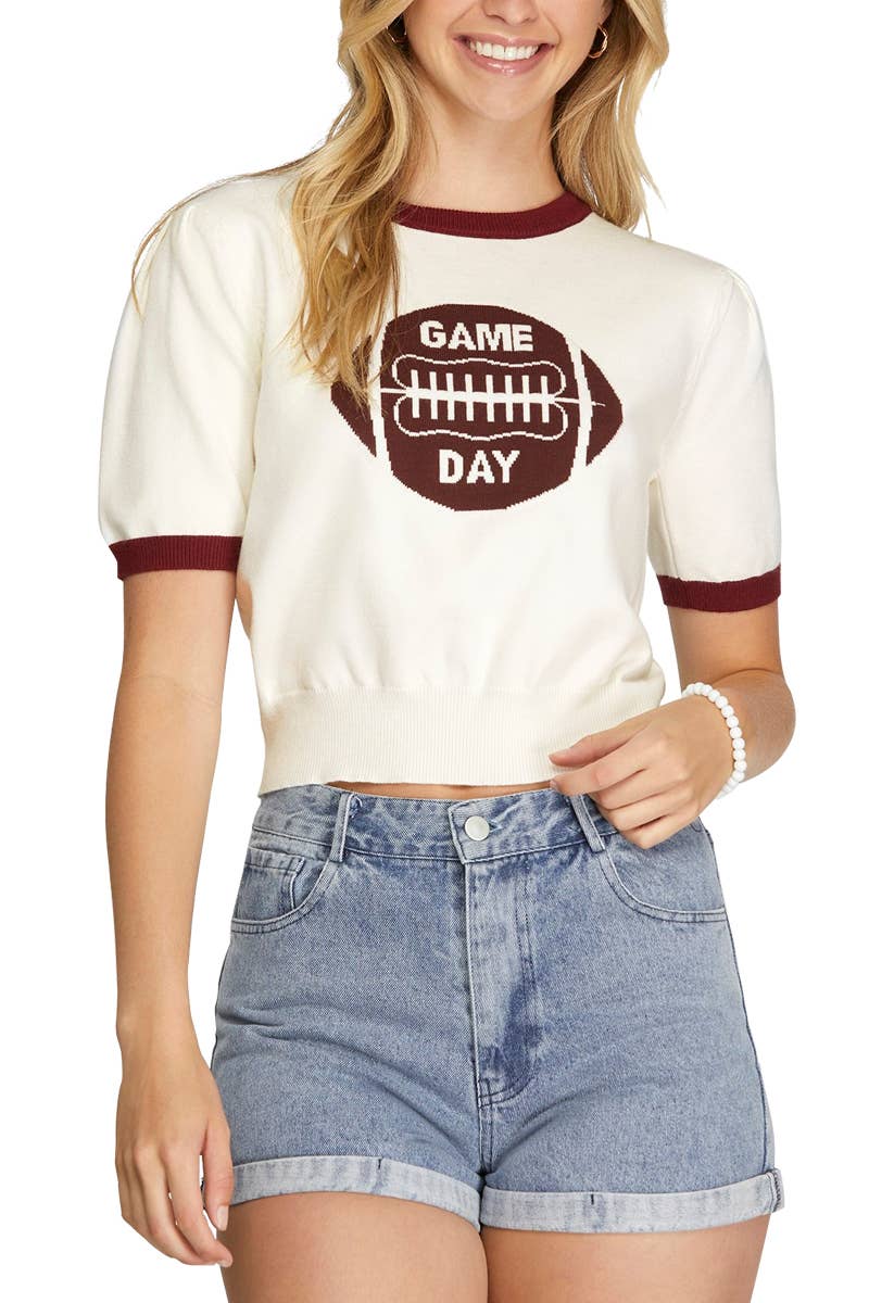 Maroon game day short sleeve sweater top