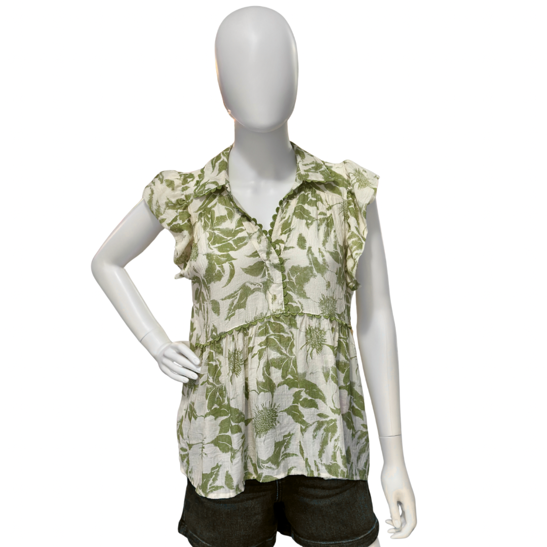 Green ruffled floral sleeve top