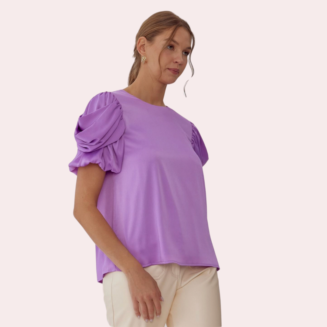 Lilac top with ruched sleeves