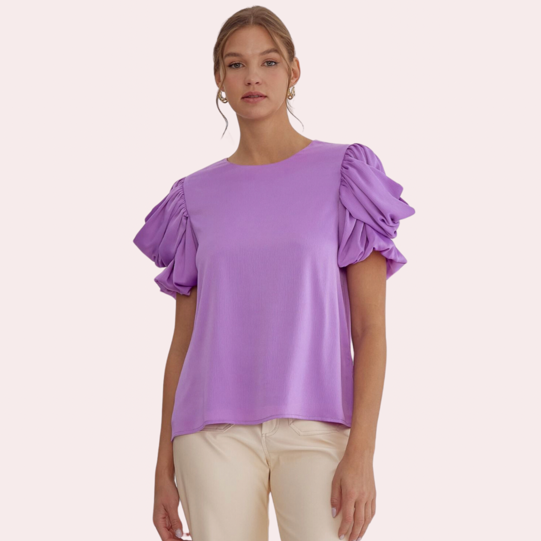 Lilac top with ruched sleeves