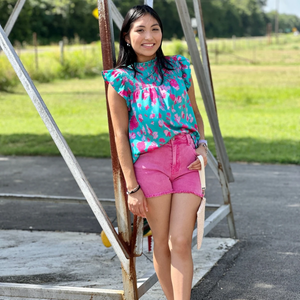 Green floral flutter sleeve top