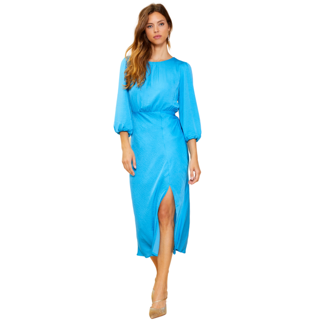 Blue mid length dress with front slit