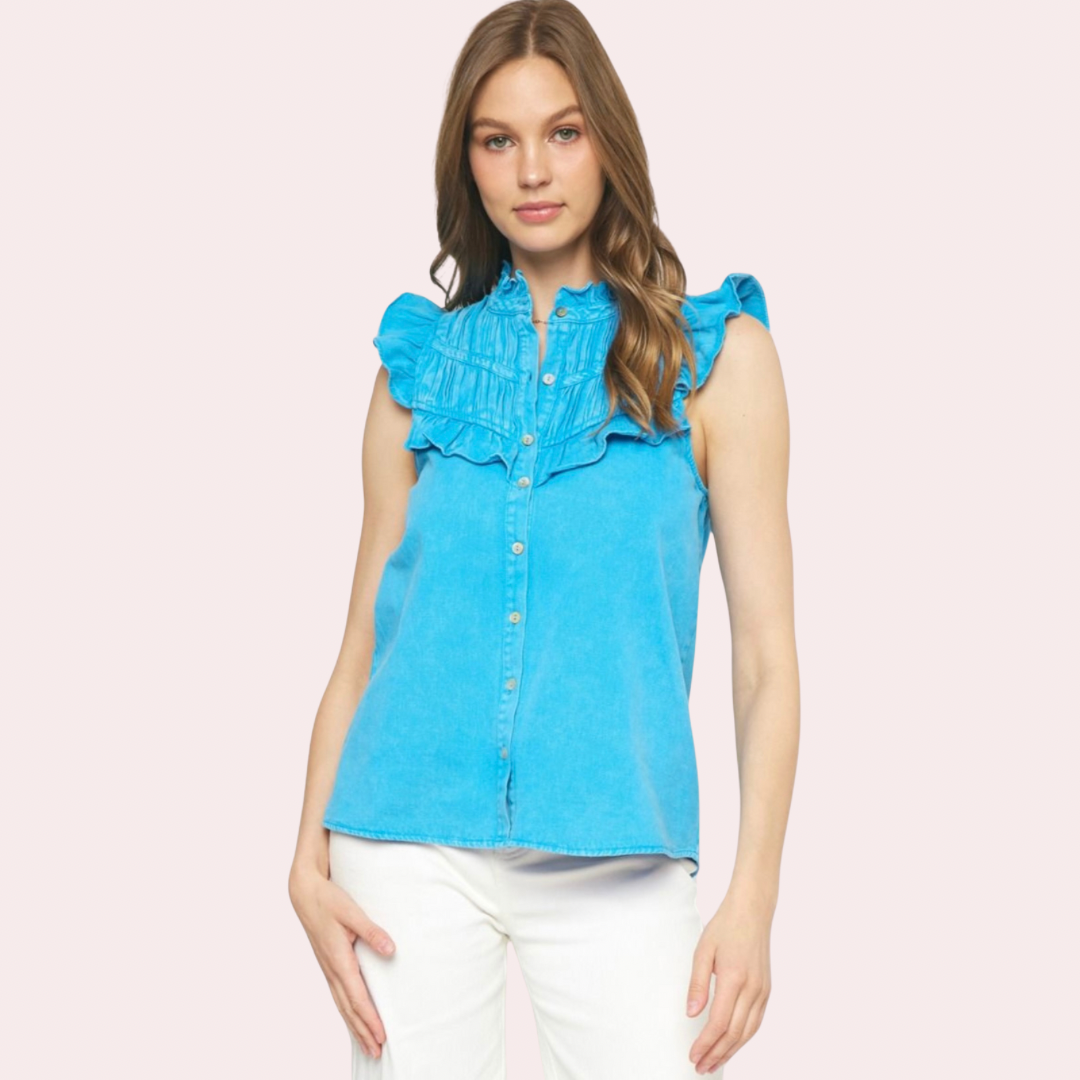 Blue denim top with flutter sleeves