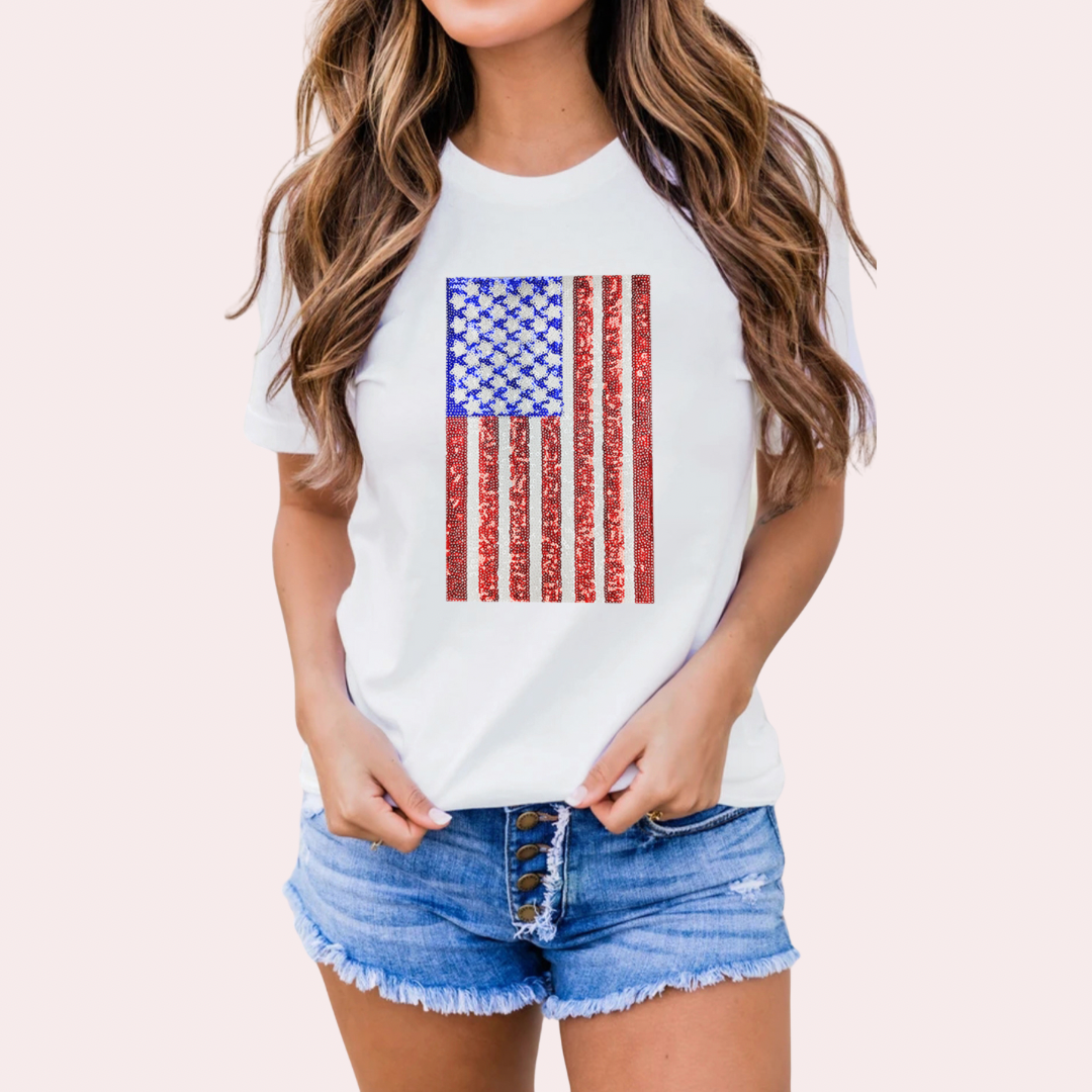 White shimmery flag graphic tee-shirt