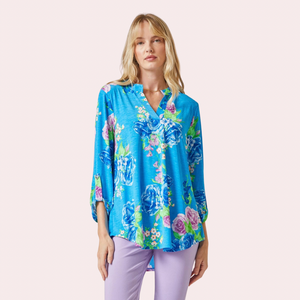 Blue 3/4 sleeve printed top