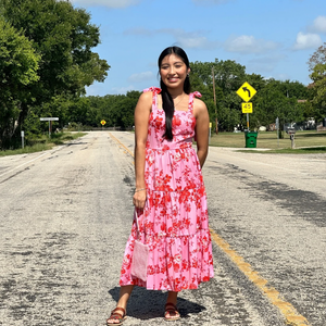 Pink floral dress with tie shoulder straps