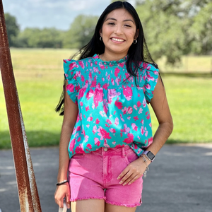 Green floral flutter sleeve top