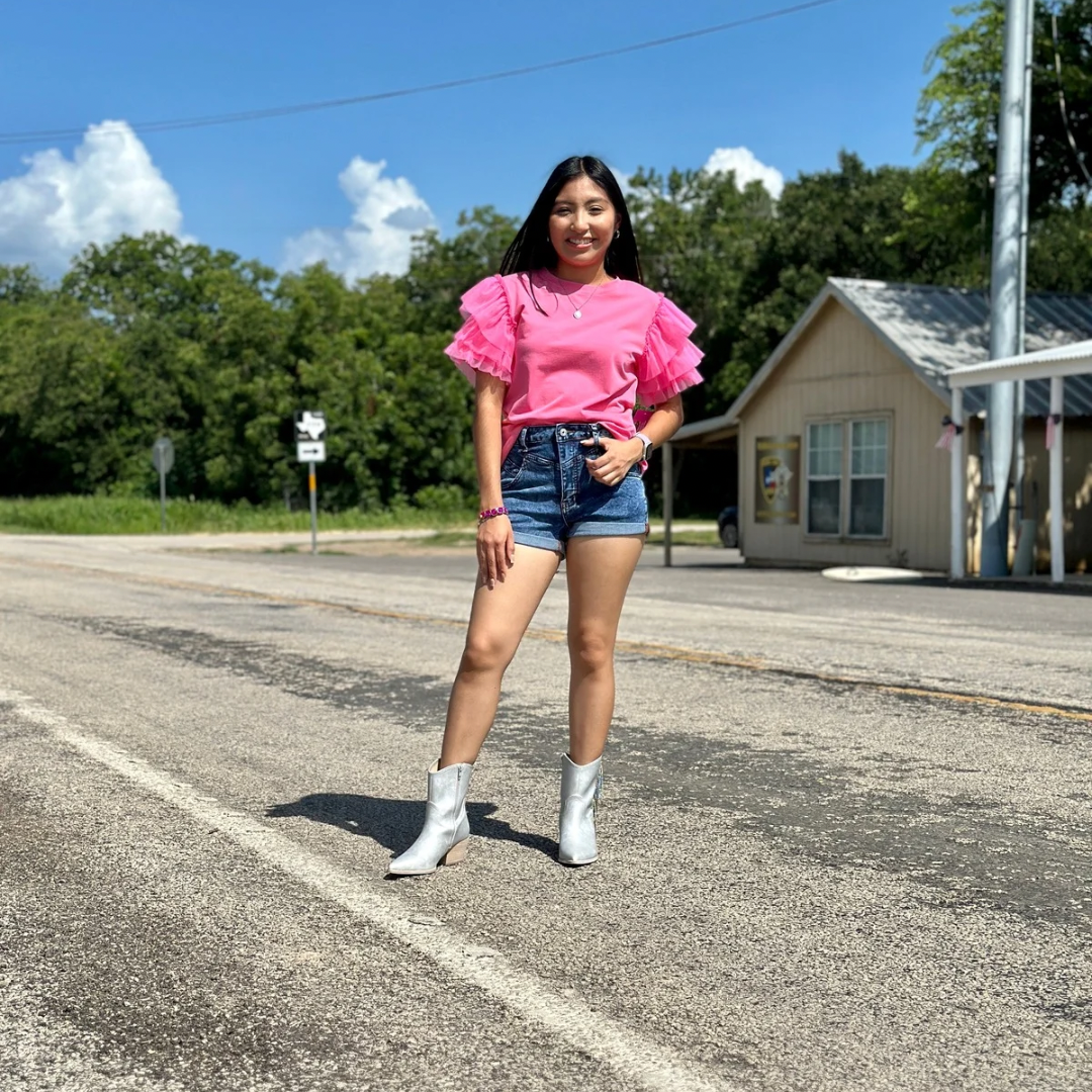 Pink tulle ruffle sleeve top