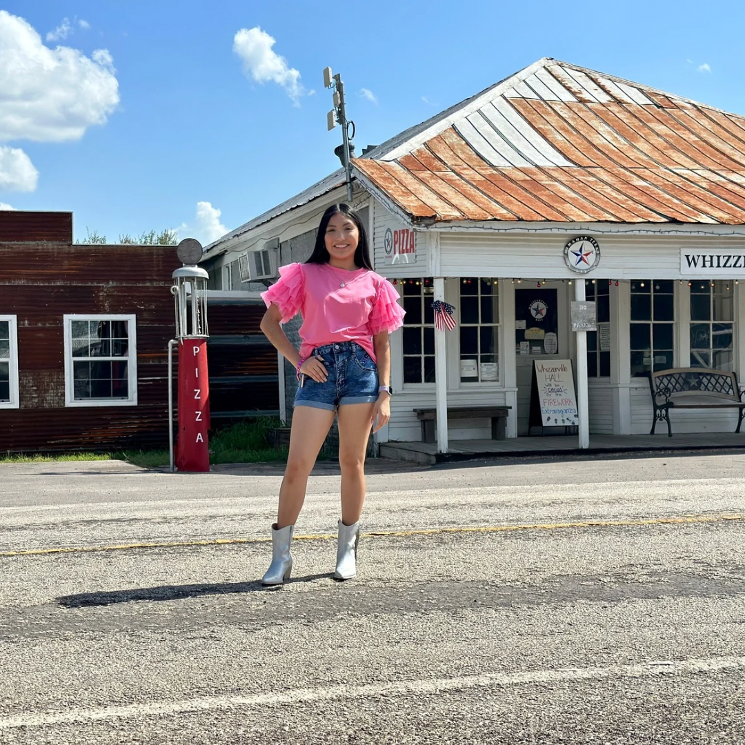 Pink tulle ruffle sleeve top