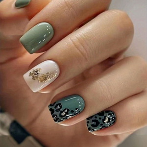 Green and pink leopard foil design press on nails