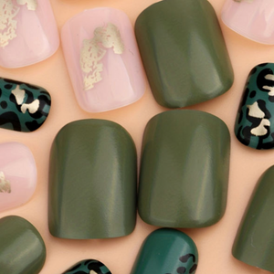 Green and pink leopard foil design press on nails