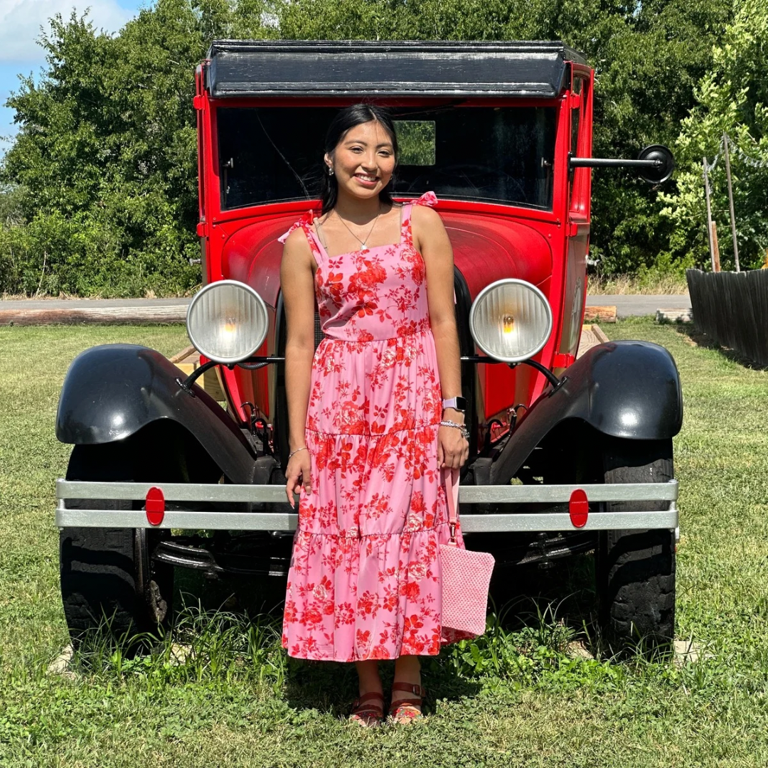 Pink floral dress with tie shoulder straps