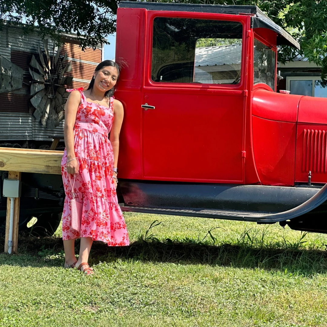 Pink floral dress with tie shoulder straps