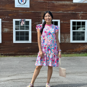 Floral print flutter sleeve ruffle dress