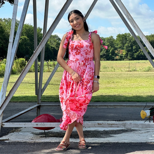 Pink floral dress with tie shoulder straps