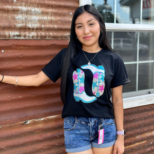 Black sequin western boots T-shirt