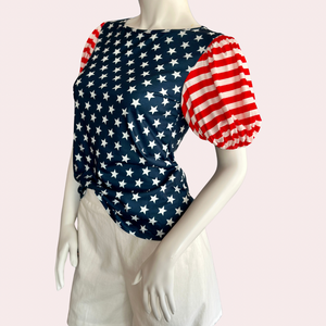 Navy 4th of July Stars & Stripes puff sleeve shirt