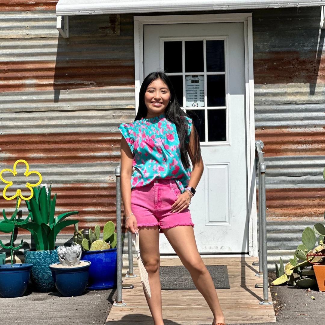 Green floral flutter sleeve top