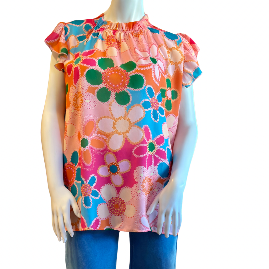Floral print top with ruffled neckline and flutter sleeves