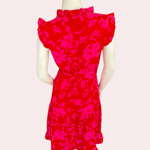 Red flower print dress with flutter sleeves