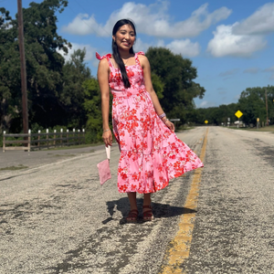 Pink floral dress with tie shoulder straps