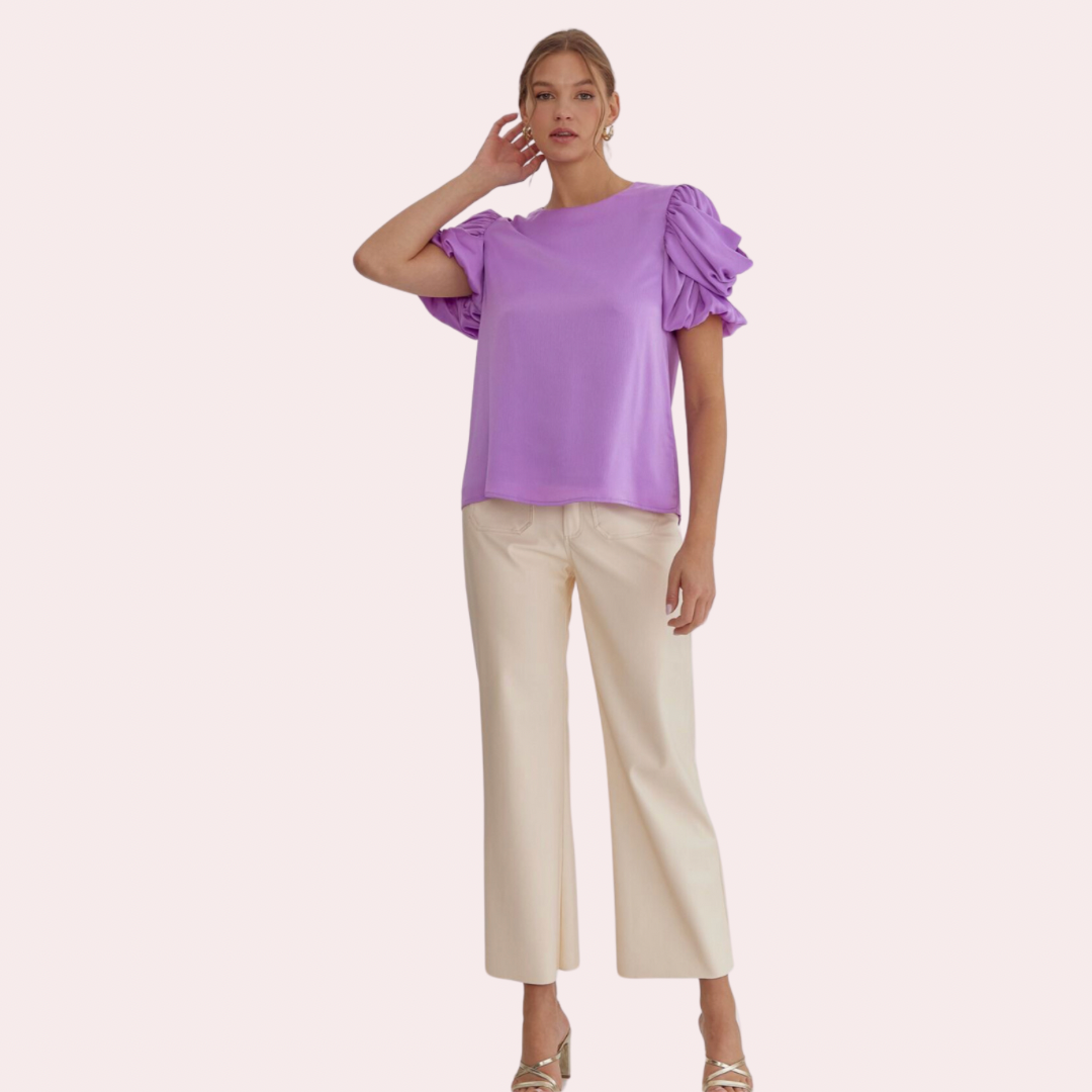 Lilac top with ruched sleeves