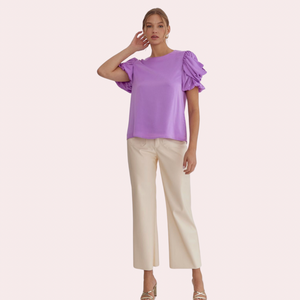 Lilac top with ruched sleeves