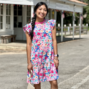 Floral print flutter sleeve ruffle dress