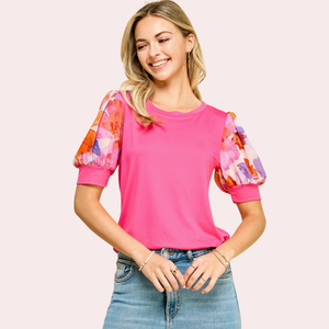 Pink top with floral sleeves