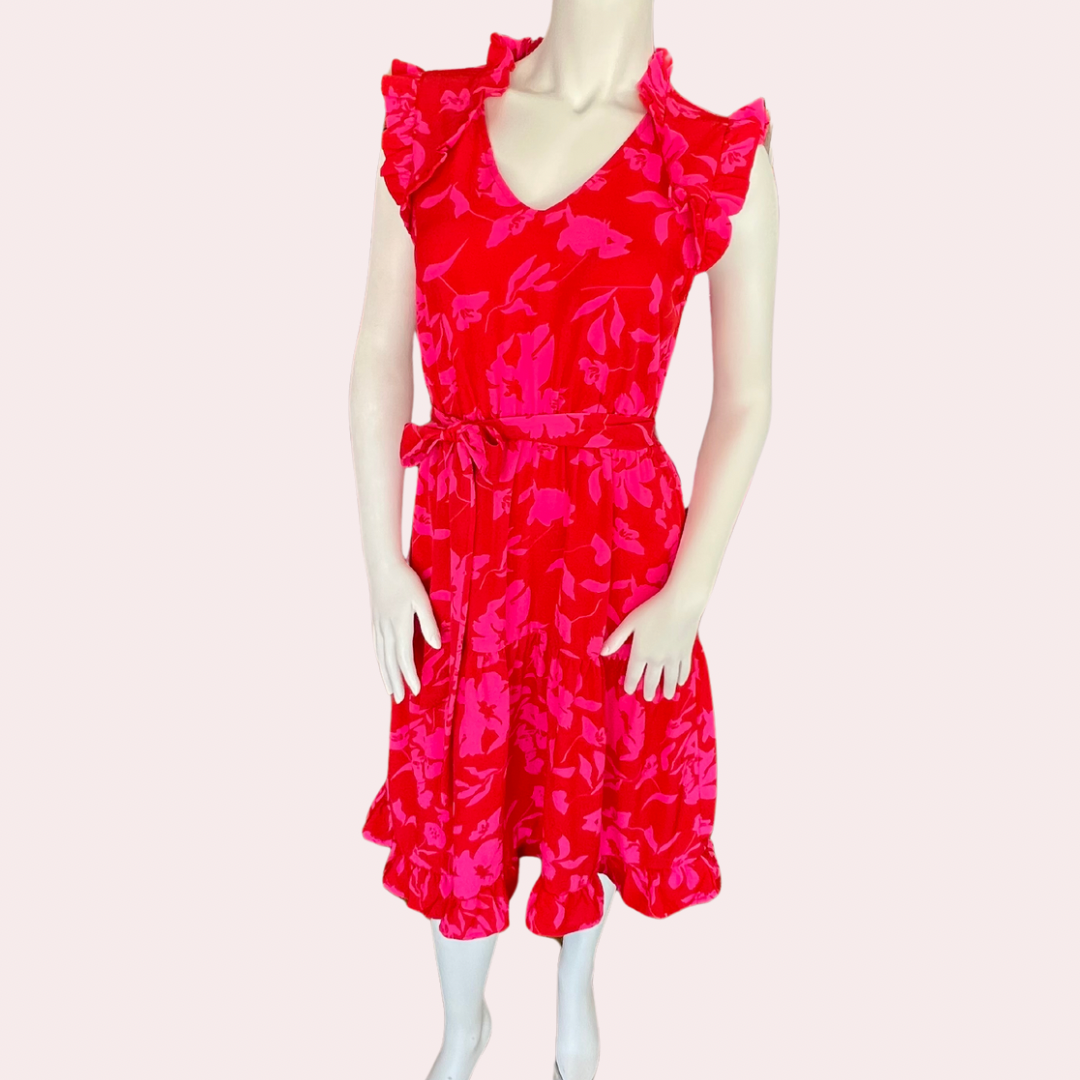 Red flower print dress with flutter sleeves