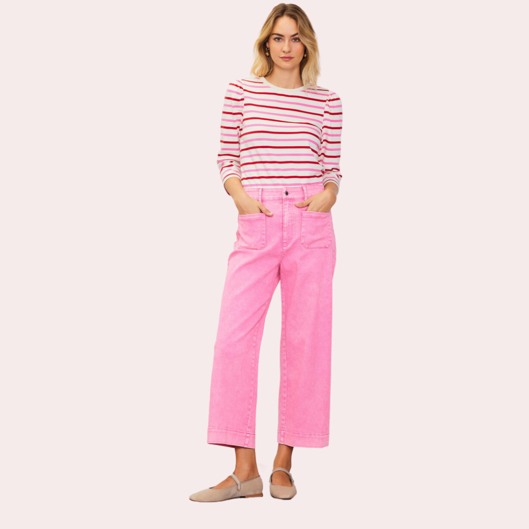 Pink twill wide leg jeans