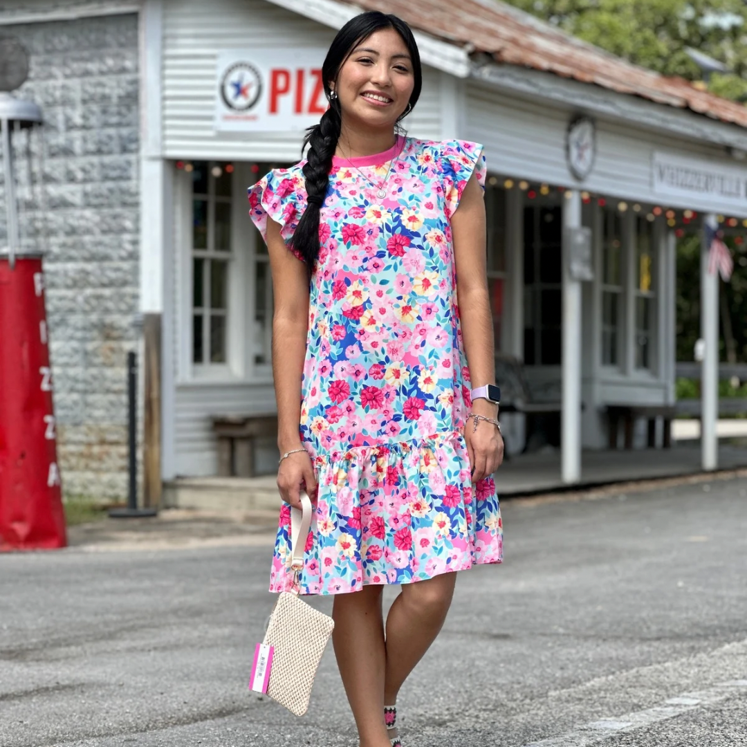 Floral print flutter sleeve ruffle dress