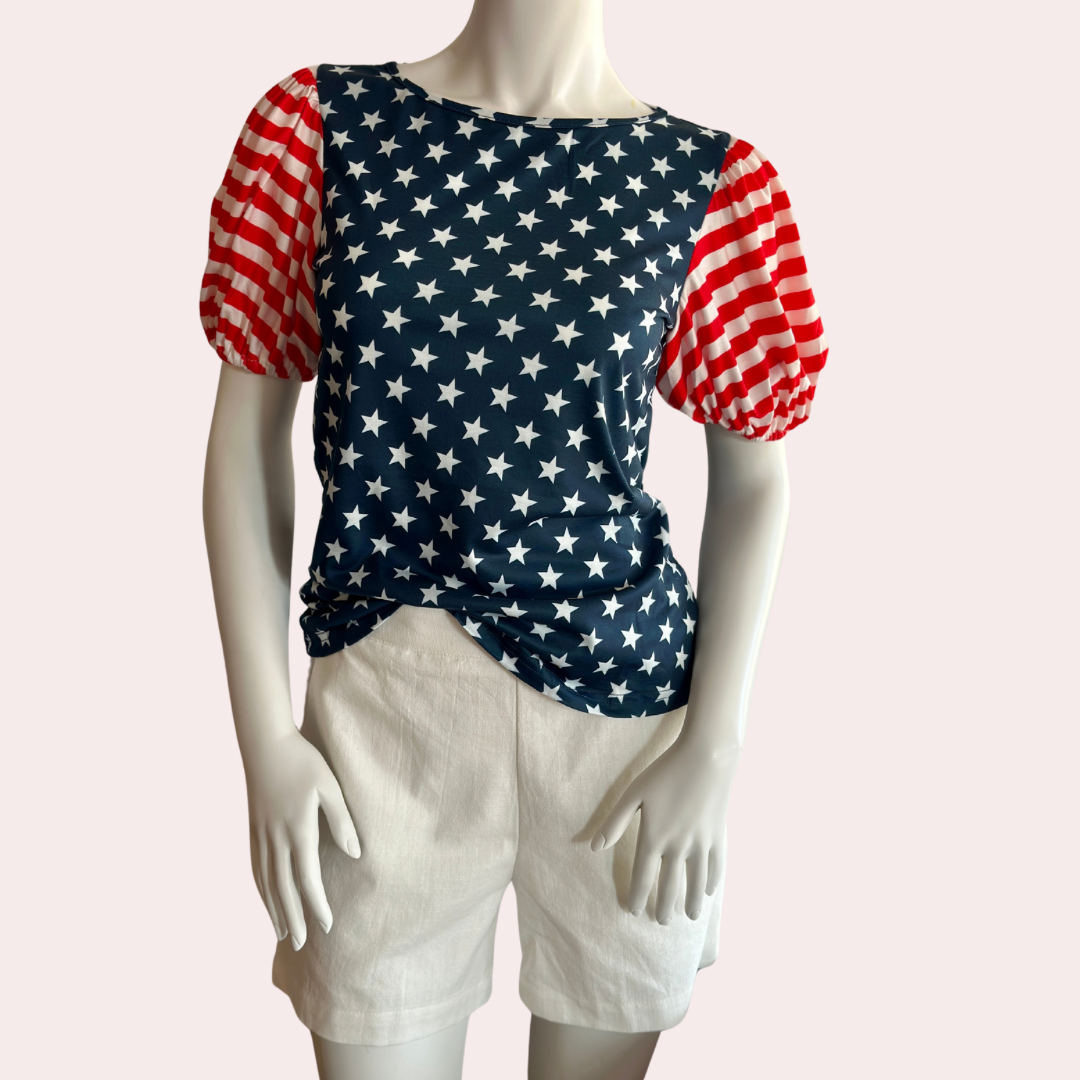 Navy 4th of July Stars & Stripes puff sleeve shirt