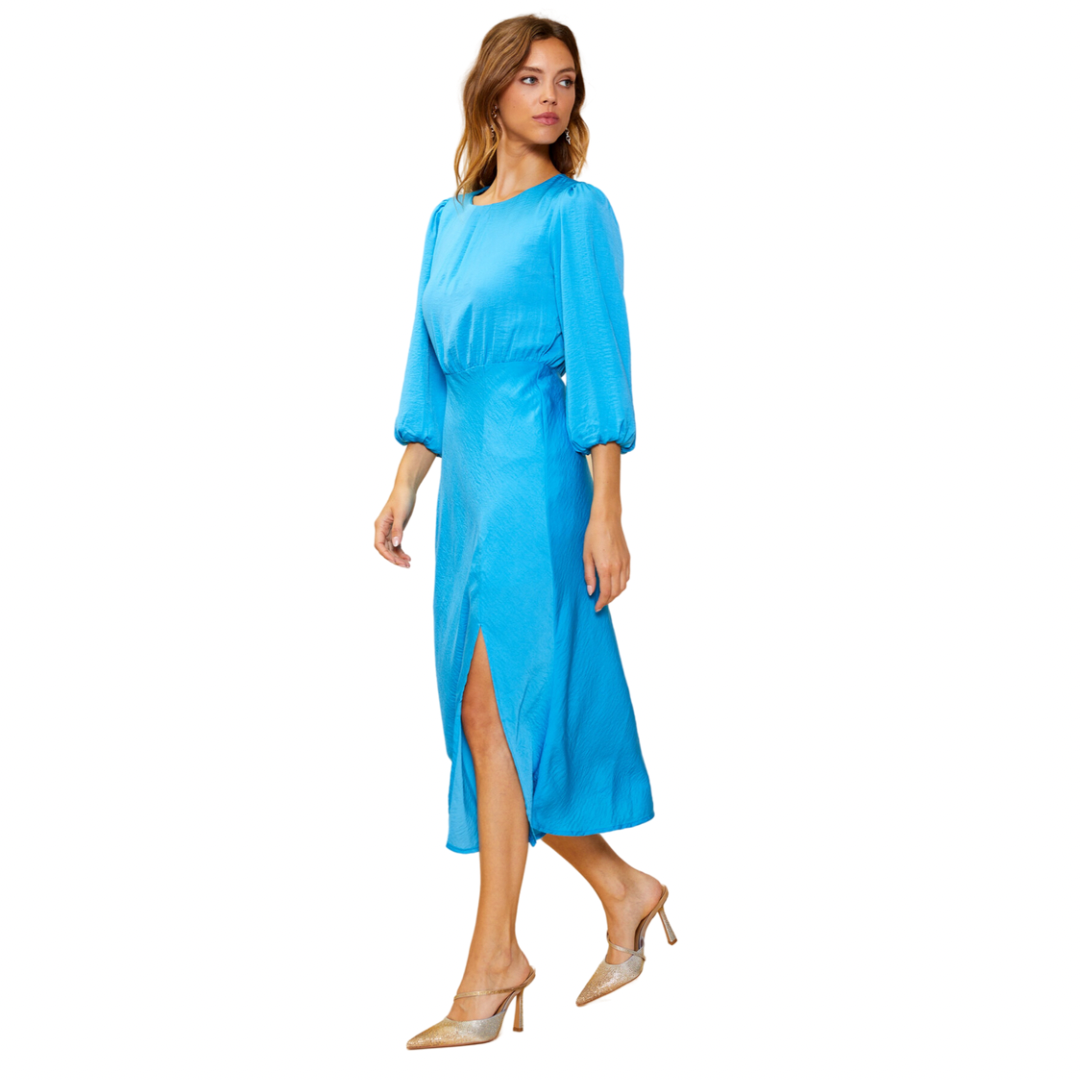 Blue mid length dress with front slit