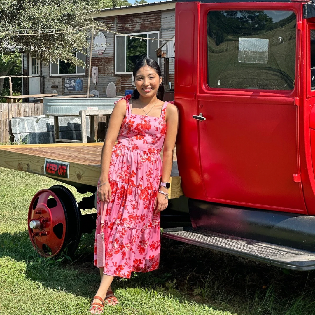 Pink floral dress with tie shoulder straps