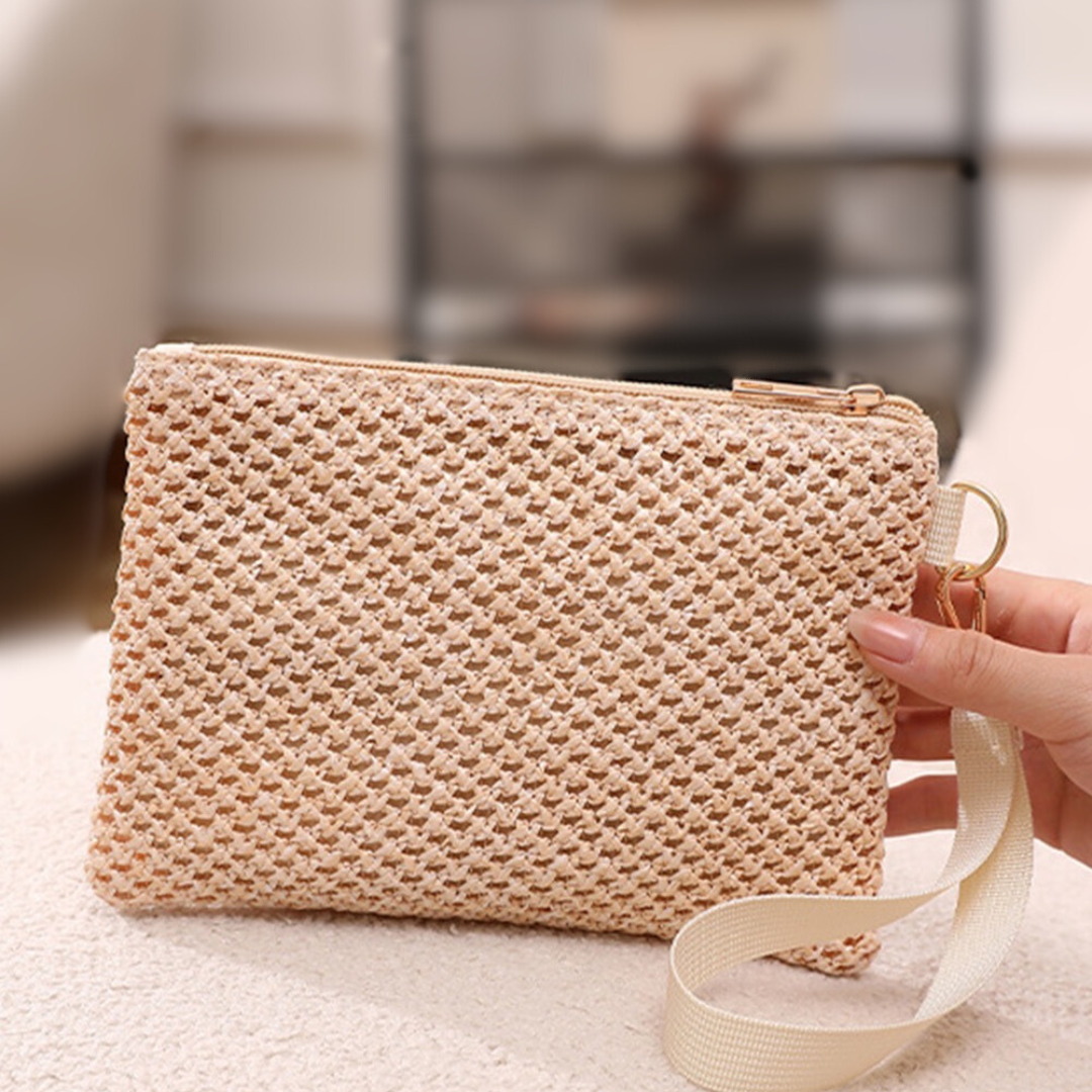 Beige woven zipper  wrist strap purse